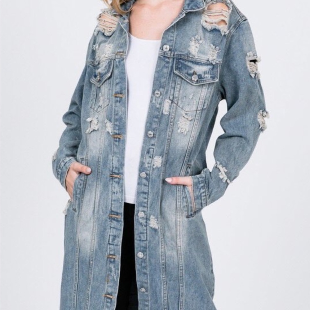 Long Distressed Denim Jacket - Picture 2 of 5